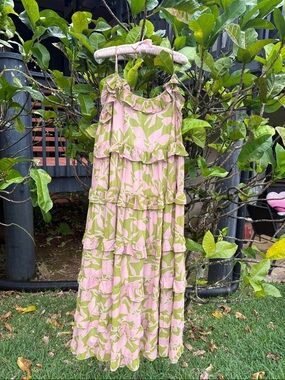 Tiered Maxi Dress in Pink and Green - Sleeveless Ruffle Details by Madelyn